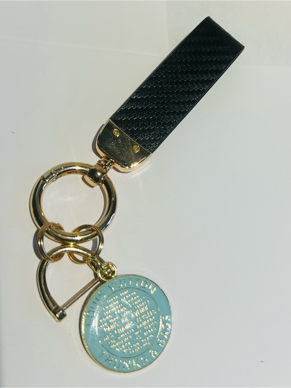 Louis Vuitton Black Leather Strap Key Holder with Turquoise Medallion